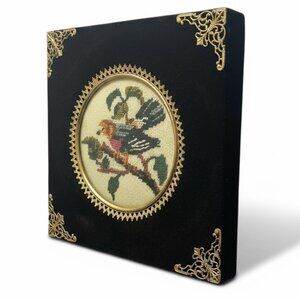 Vtg Embroidered Bird Art‎ Velvet Frame Gold Accents Bubble Glass 7" Cottagecore
